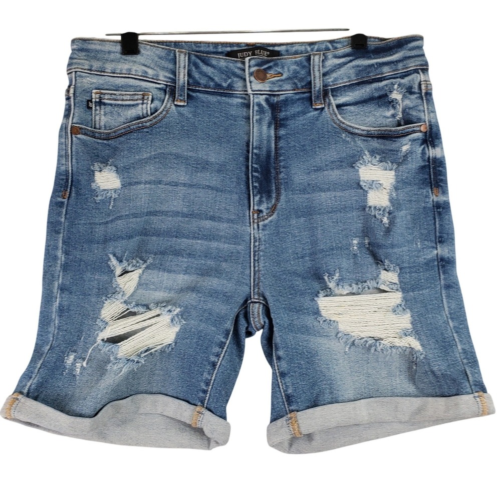 Judy Blue Denim Shorts Womens XL Blue Distressed Cuffed Stretch Bermuda Casual